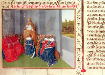 Ms Fr 6465 Fol.174 Urbanus II (c.1035-99) predikt de kruistocht in Clermont in aanwezigheid van koning Filips I (1053-1108) van Frankrijk in 1095, uit 